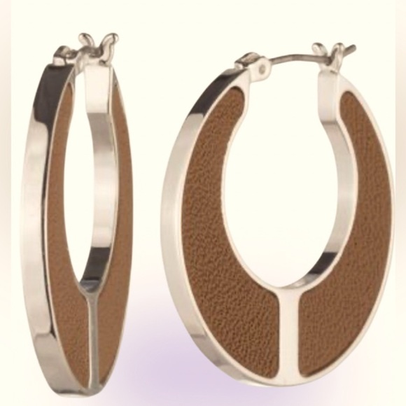 Ralph Lauren Silver and Brown Leather Hoop Earrings - Picture 1 of 10